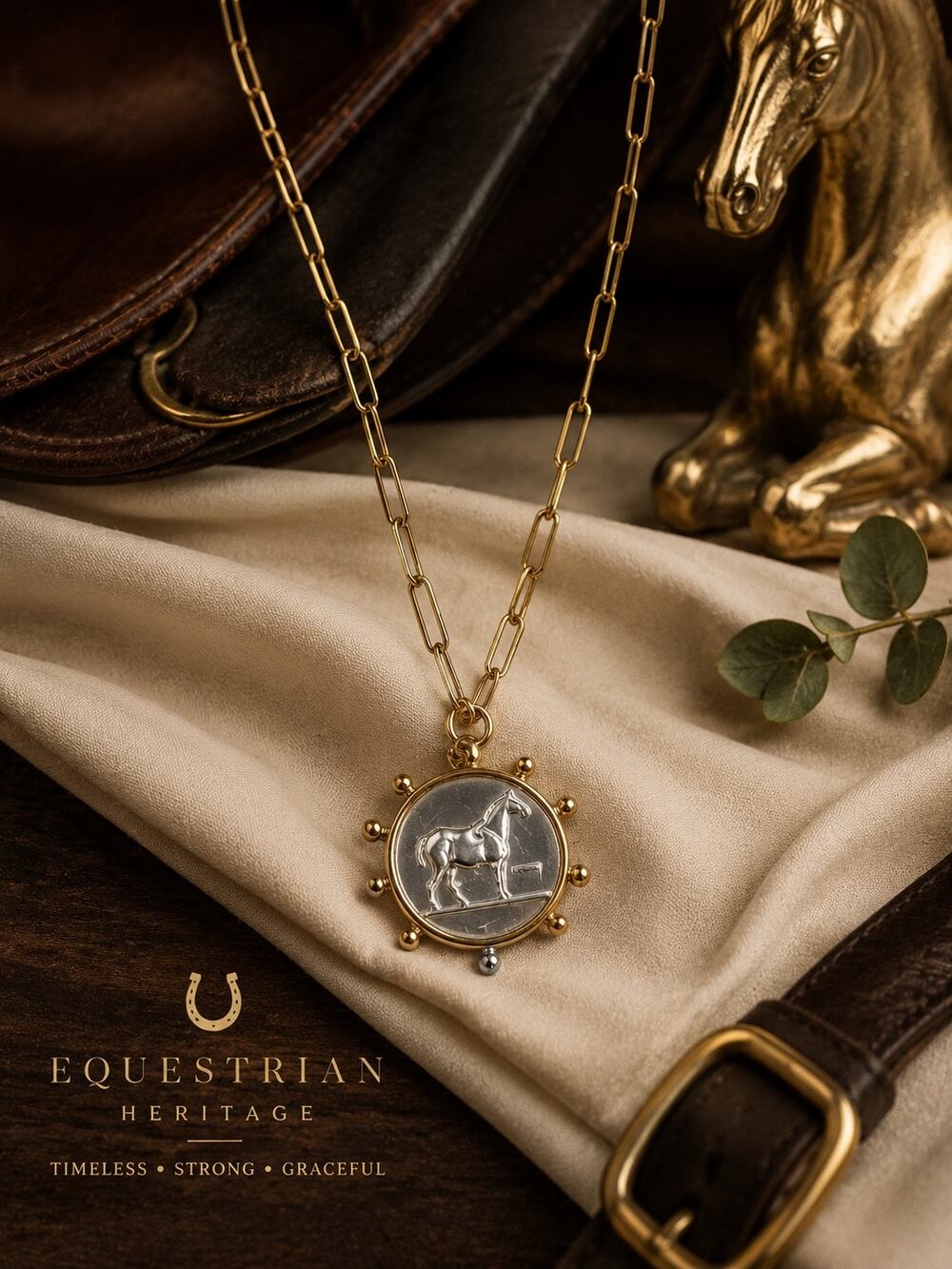 Equestrian Horse Coin Necklace 18K Gold PVD Stainless Steel Paperclip Chain